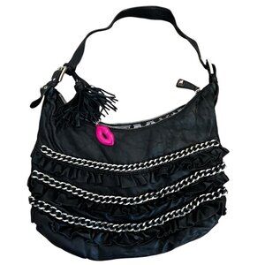 Vtg 90s Y2K Betsey Johnson Black Leather Hobo Shoulder Bag Pink Lips Charm